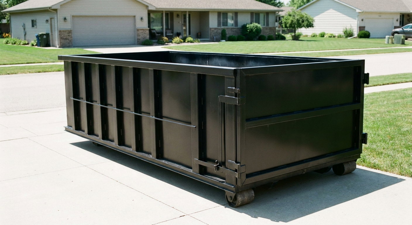 Matte-black 10-yard roll-off dumpster on a residential concrete driveway in Weston, uniformly painted matte black across every panel and rail, ribbed steel sidewalls and rear swing door visible, mid-day daylight.