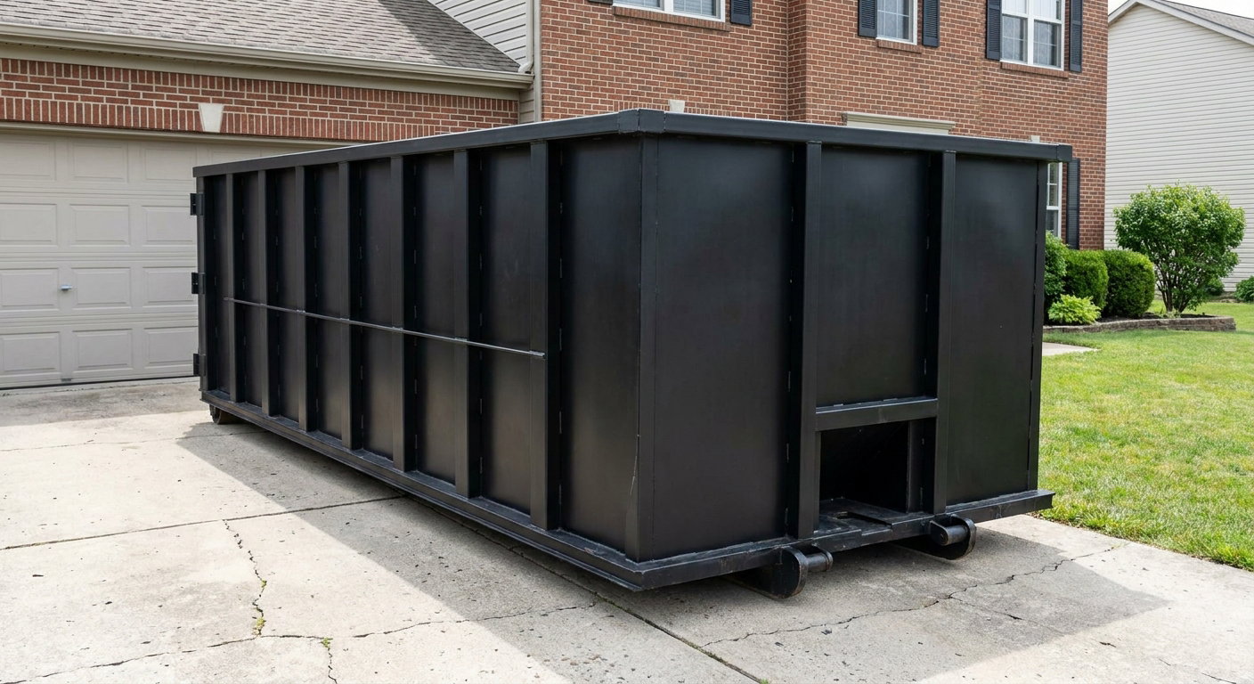 Matte-black 20-yard roll-off container on a Weston residential concrete driveway with reinforced ribbed steel sidewalls and a hinged rear walk-in door, clean bright daylight.