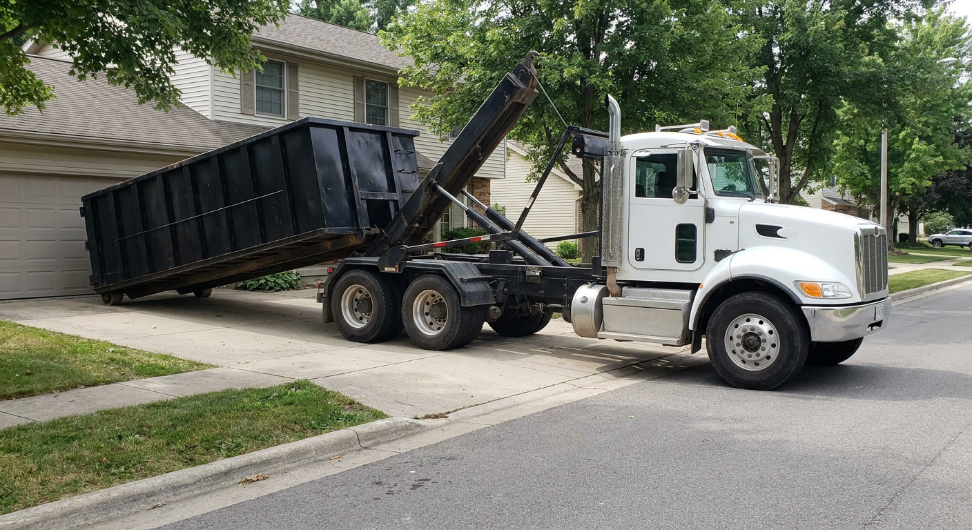 White-cab hooklift roll-off truck actively lowering a matte-black dumpster onto a Weston residential concrete driveway, the dumpster's rear wheels touching the driveway as the hoist arm tilts the bed forward, mid-morning daylight.
