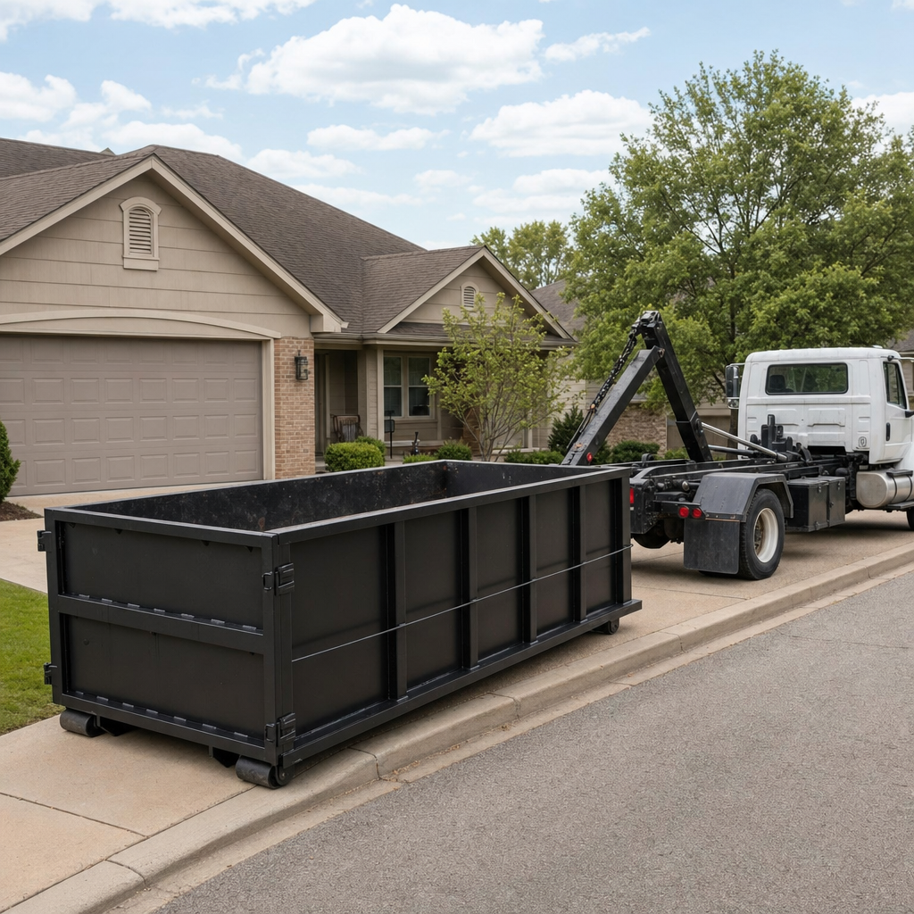 Wide documentary shot of a matte-black roll-off dumpster on a Weston residential driveway in the foreground and a contractor jobsite container in the soft-focus background, bright daylight, calm and orderly composition.