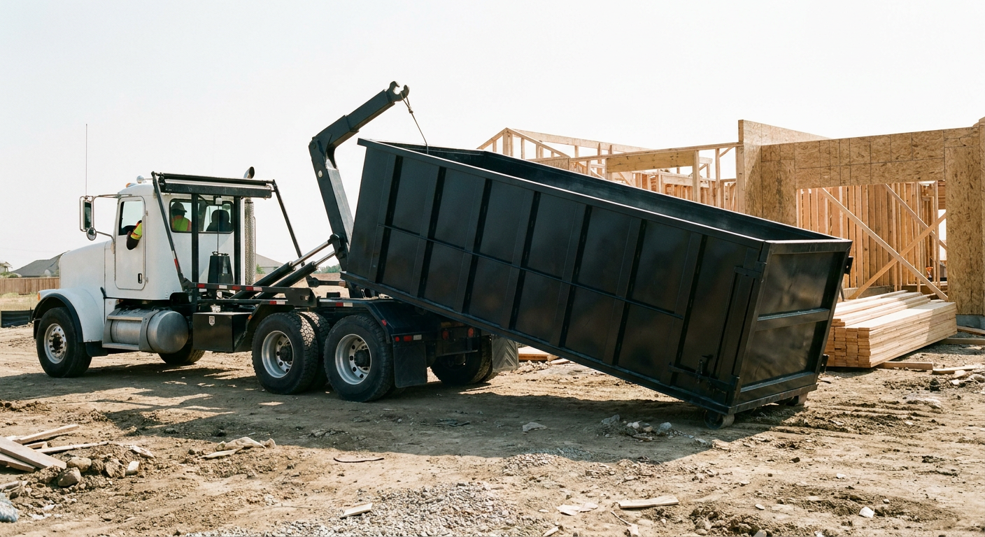 Matte-black roll-off dumpster being delivered onto a clean residential concrete driveway in Weston by an unmarked white hooklift hauler truck, bright morning daylight, documentary 35mm perspective.